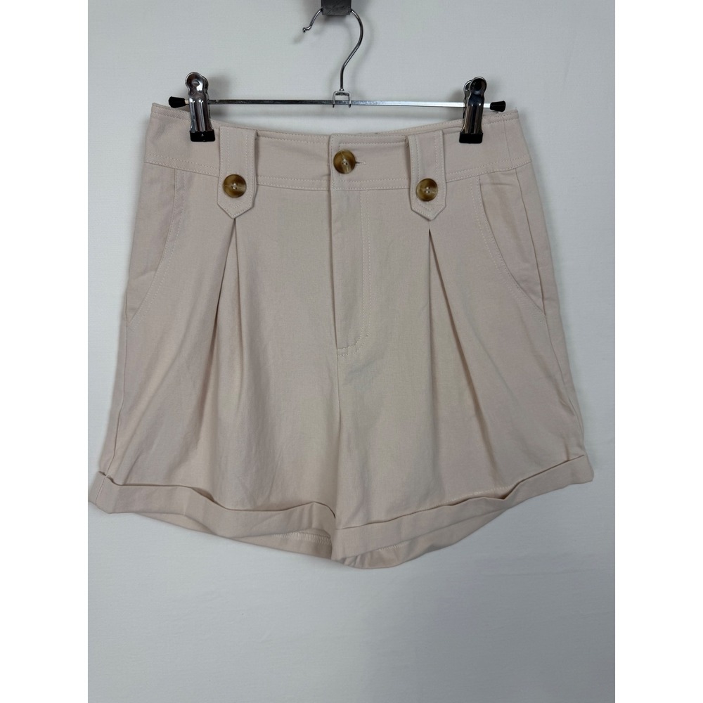 Papermoon NWT Womens 100% Cotton Shorts S Beige Pleated High Rise Button Detail